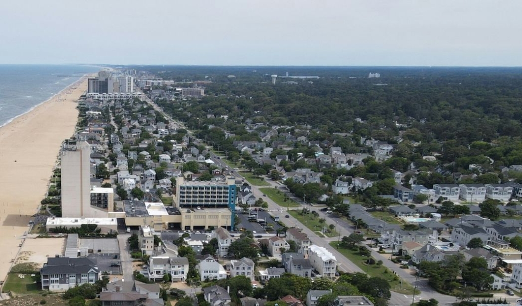 Aerial image of Virginia Beach, illustrating the beach and town layout, with a focus on its appealing neighborhoods.