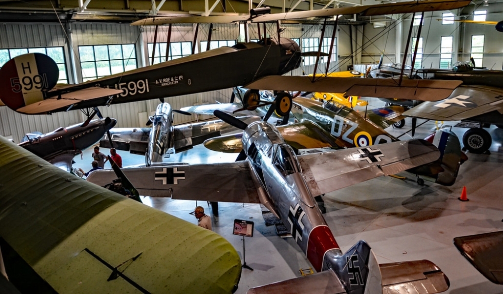 Several old airplanes are displayed at the Military Aviation Museum in Virginia Beach, captured in November's atmosphere.