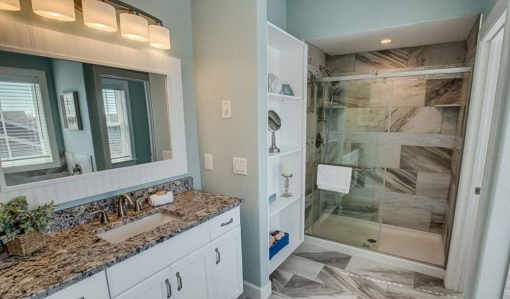 Accessible bathroom addition with walk-in shower designed for safe retirement living