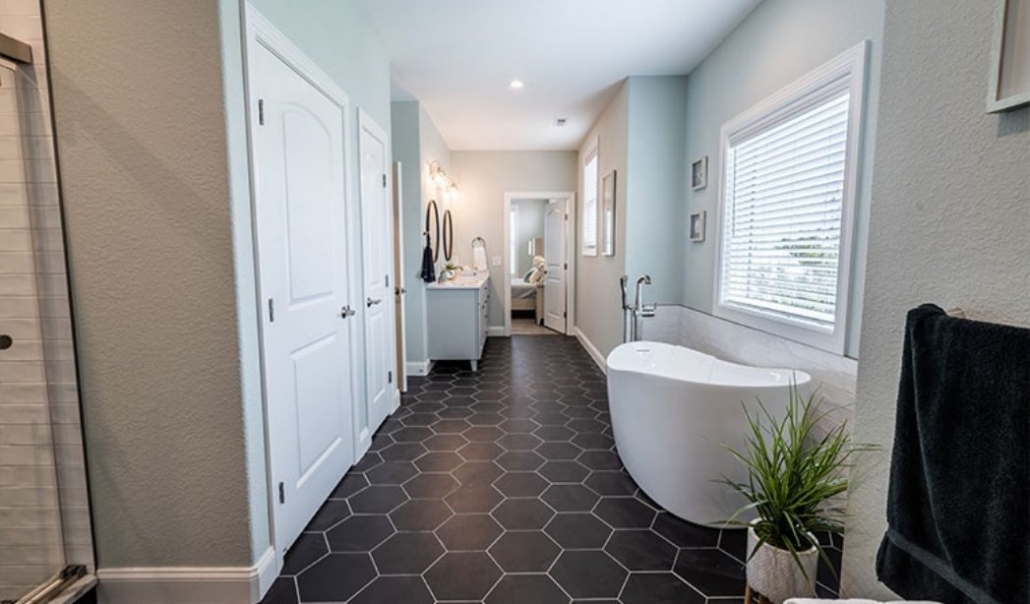 Modern accessory dwelling unit bathroom with accessible layout for retirement home expansion