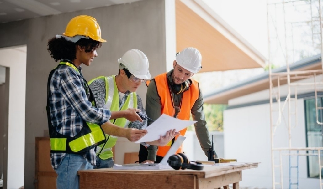 Construction team reviewing permits and plans for a custom Virginia Beach home build.