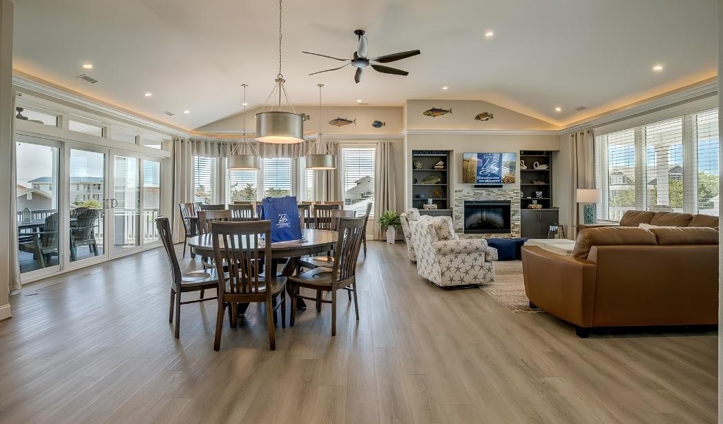 Open living and dining room addition with fireplace in a Virginia Beach home