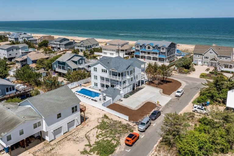 Aerial view of Virginia Beach coastal homes near the ocean.