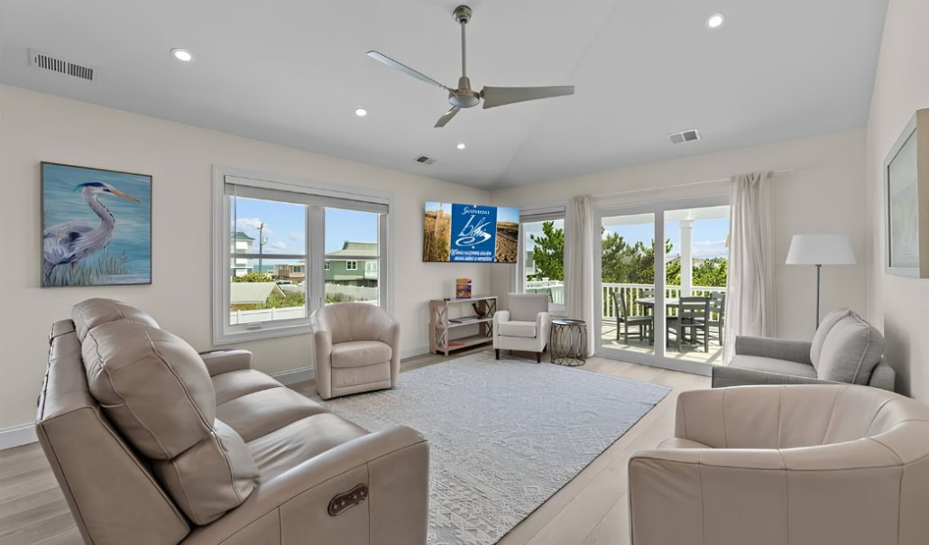 Living room representing temporary housing needs during home renovation or rebuilding.